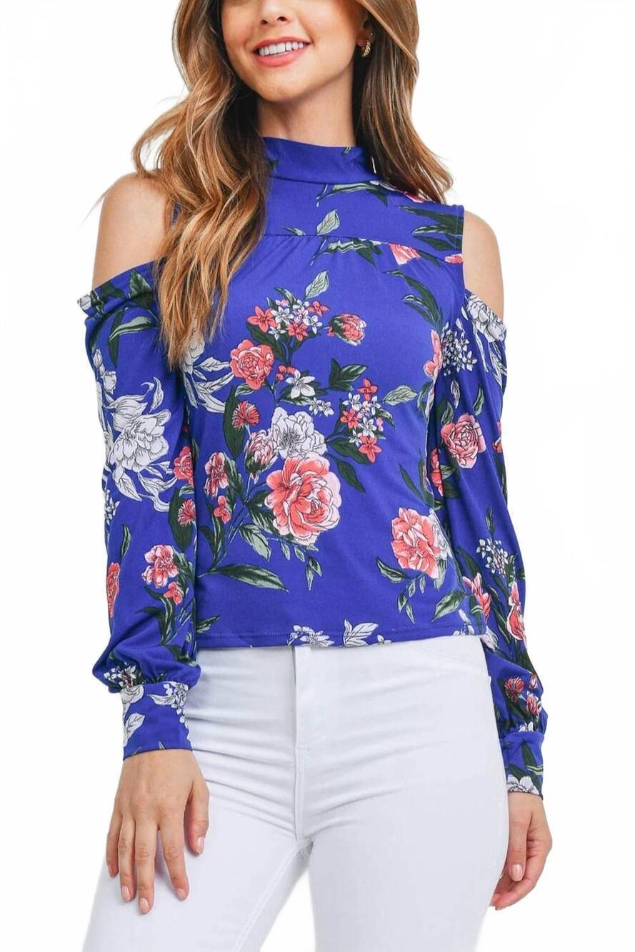 NEW CHOCOLATE USA women's cold shoulder floral tie back blouse in blue